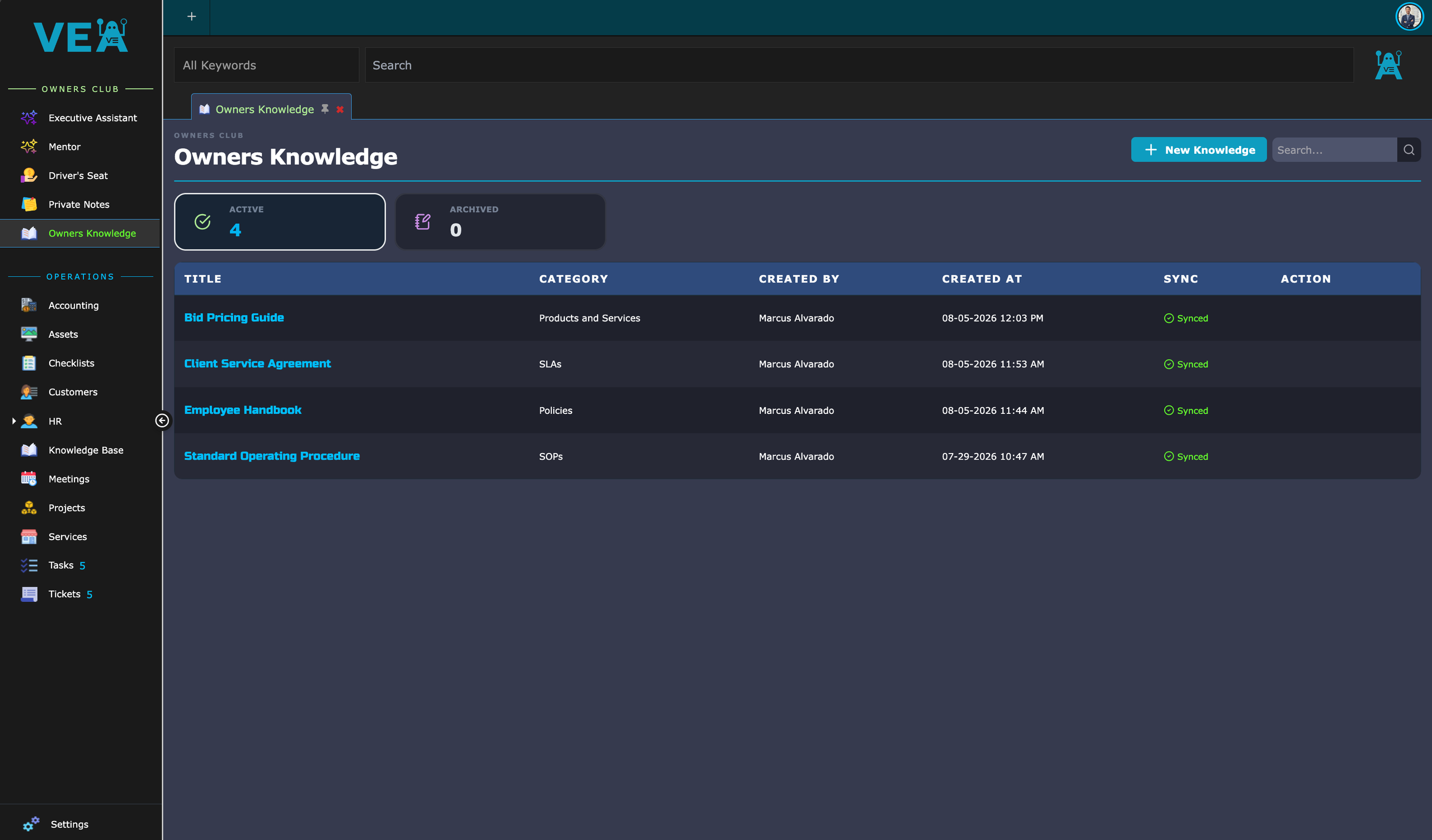 VEA Owners Knowledge dashboard listing synced SOPs, policies, and pricing documents